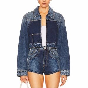 GRLFRND Two-Tone Blue Cropped Denim Jacket